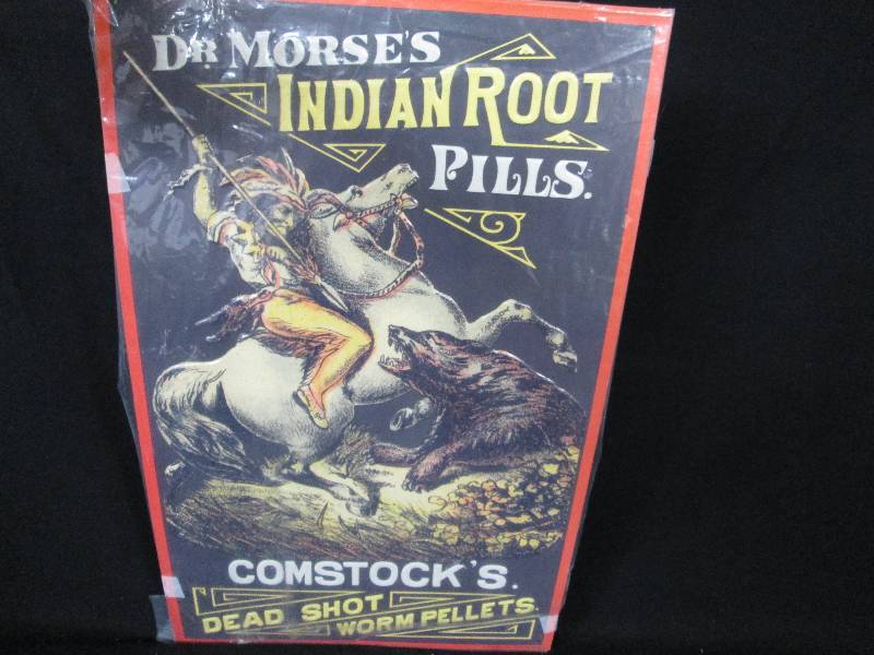 lot 104 image: Embossed Collectible Tin Sign Indian Root Pills