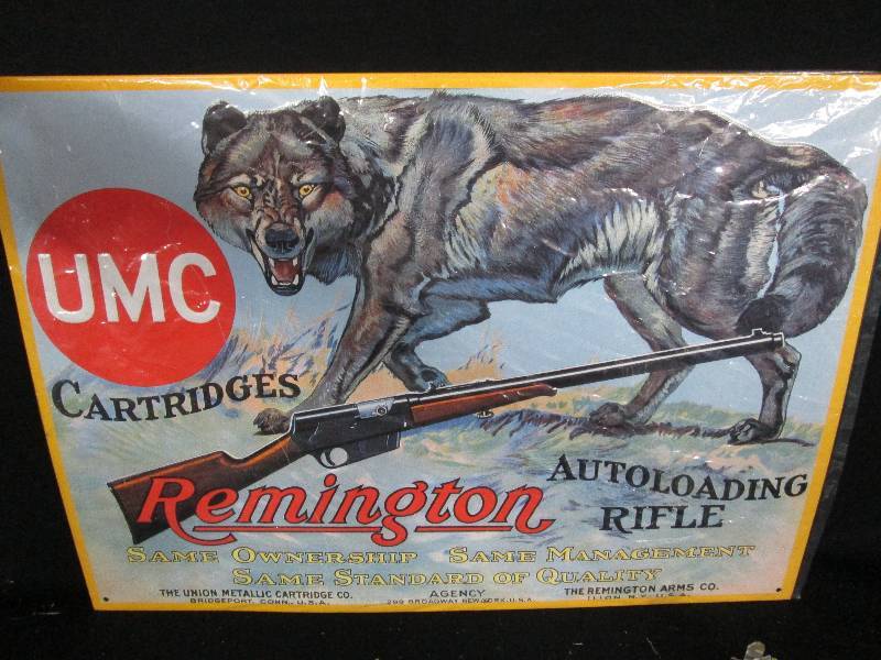 lot 140 image: Collectable Embossed Tin Sign  Remington Auto loading Rifle.