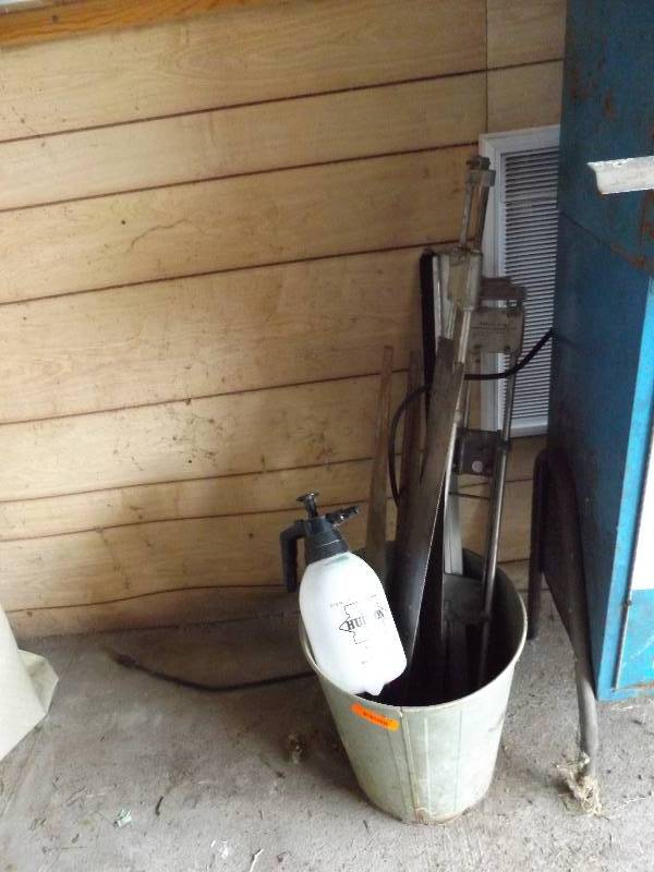 lot 60 image: Vintage school garbage can, saws, t...