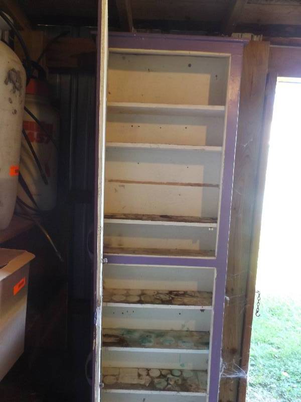 lot 116 image: Purple wall cabinet with shelves...