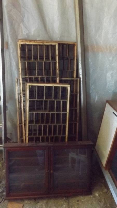 lot 232 image: Glassed in cabinet and wood shelves...