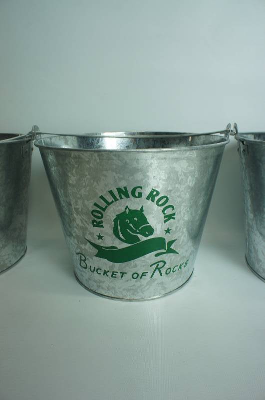 lot 38 image: 4 Rolling Rock galvanized beer buckets