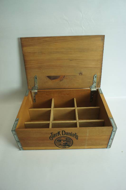 lot 109 image: Jack Daniels wooden display case or remove the dividers and use a storage box. 12 x 18 x 4