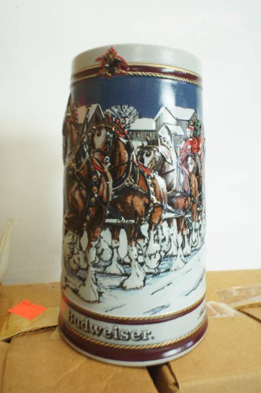 lot 199 image: Lot of (4) four Steins  Budweiser 1989 Hitch on Winters Evening Stein qty 4