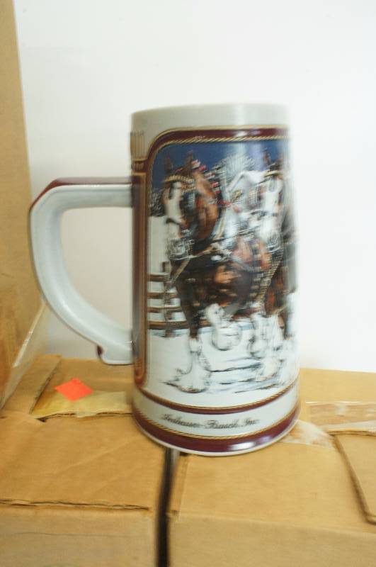 lot 200 image: Lot of (4) four Steins  Budweiser 1989 Hitch on Winters Evening Stein qty 4