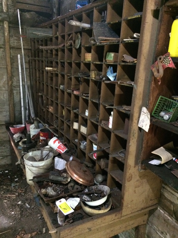 Vintage workbench, cubbies and all contents    may have come from the post office many years ago
