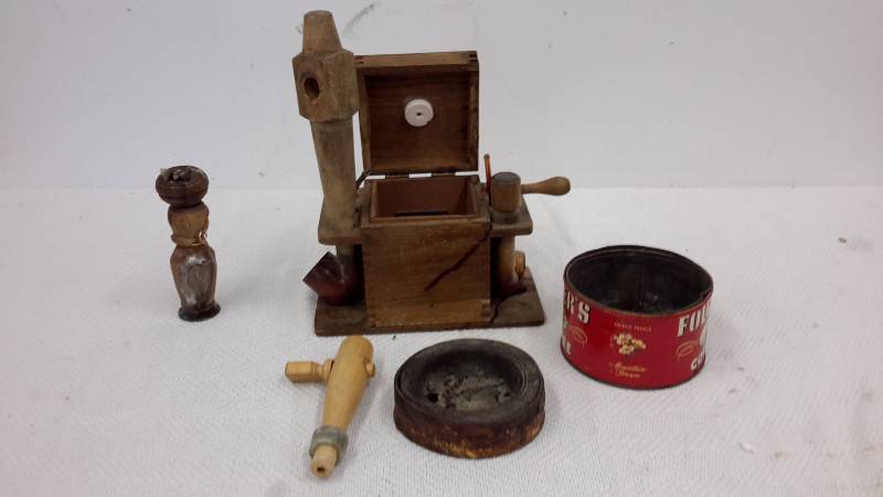 Vintage pipe center, coffee tin, ashtray