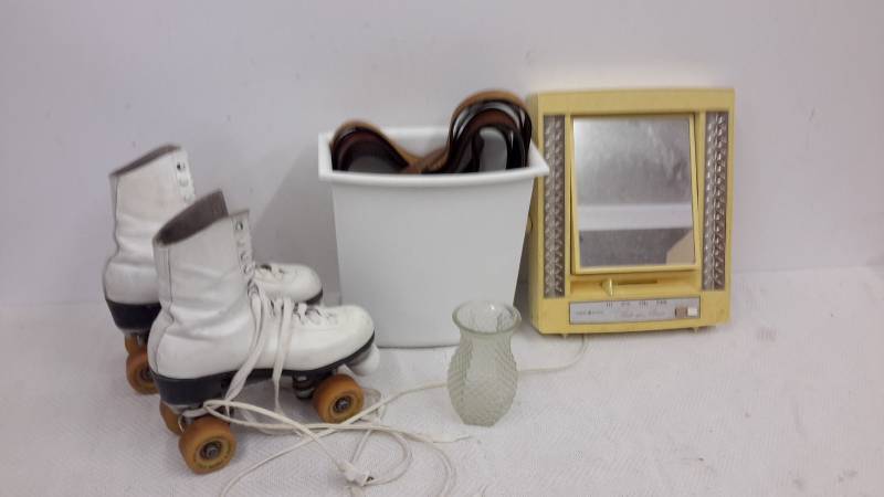 Make up mirror, roller skates, belts