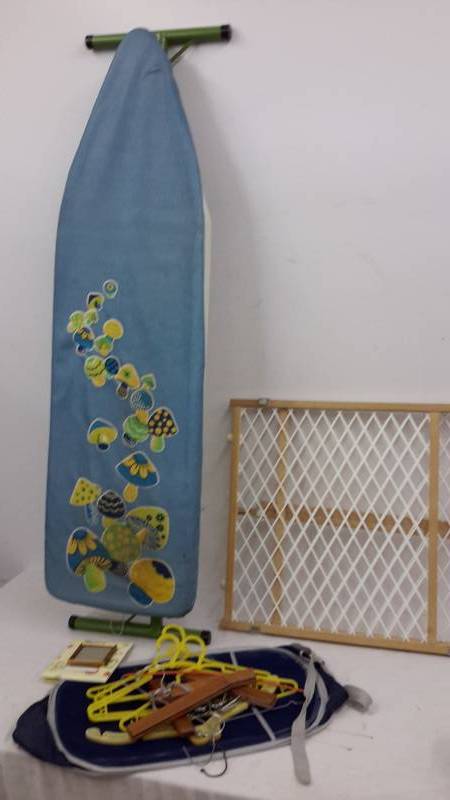 Ironing board, gate, laundry bag, and hangars