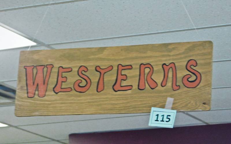 Wooden Bookstore Genere Sign