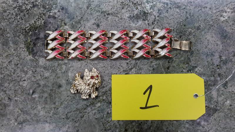 Costume jewelry white dog pin and bracelet