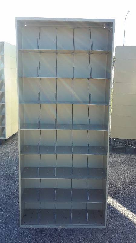 Trio of metal divided shelving units each measures 6 tall and 3 wide