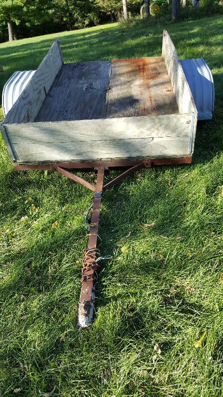 lot 17 image: Small 2 wheel farm Trailer (has bed & sides & fenders) 4  X 8 (needs 1 tire15) Ball hitch 1 78  made with treated plywood