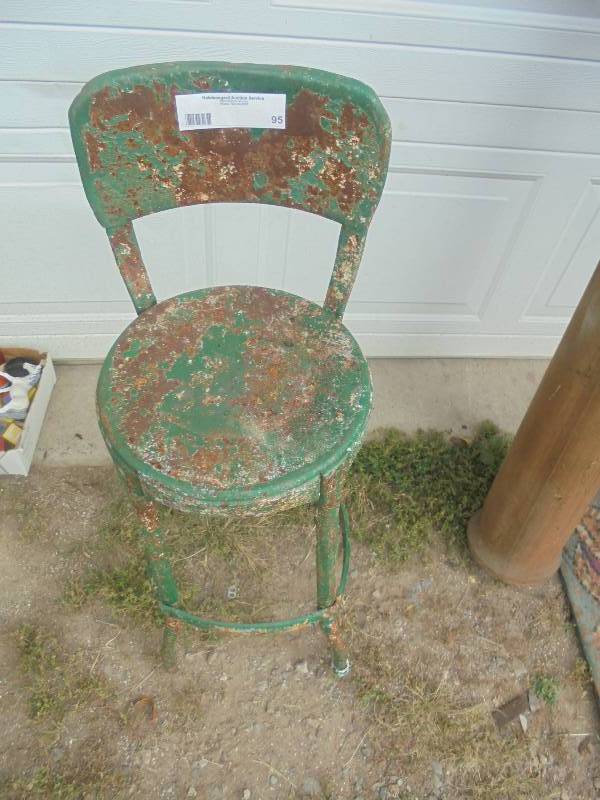 Lot - Green Metal Stool, Yellow Enamel Pot, Strainer
