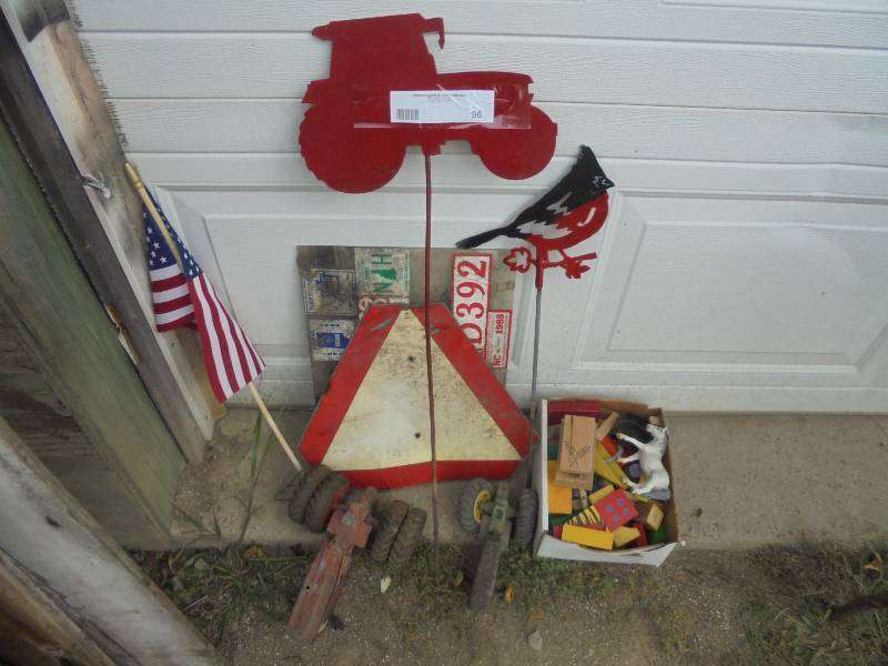 Lot - Metal Tractor Stake, Slow Move Sign, Toys, etc