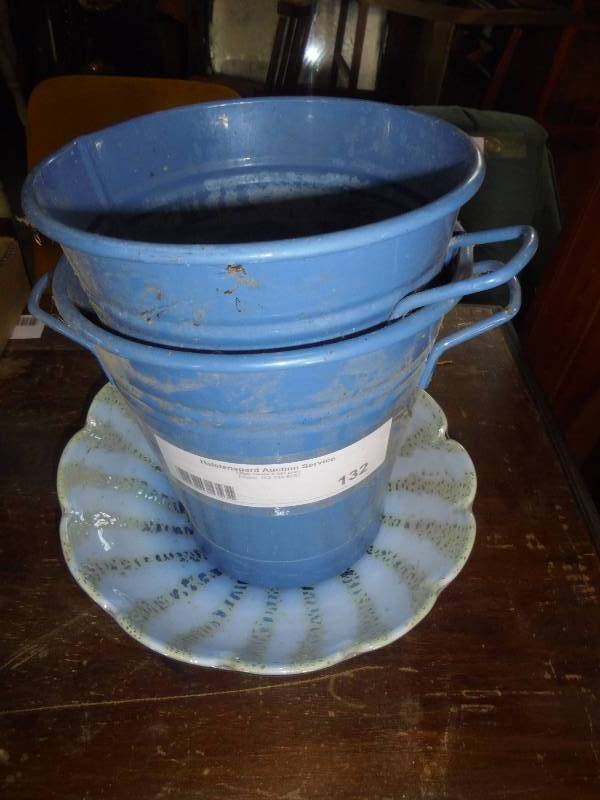 Lot - Metal Blue Pails, Blue Swirl Glass Serving Dish