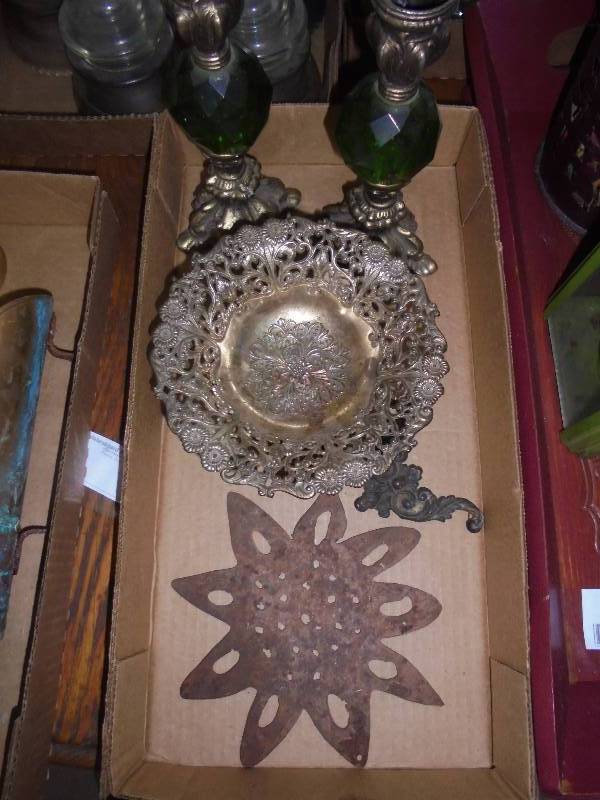 Lot - Green Glass Candle Holders, Metal Cutout, etc