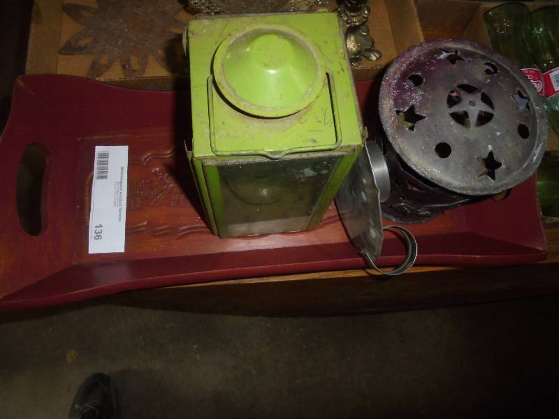 Wood Tray wMisc Lanterns