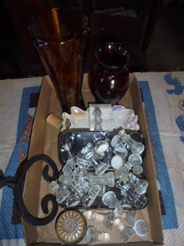 Lot - Misc, Glass Chess Pieces, AmberRed Vases, etc