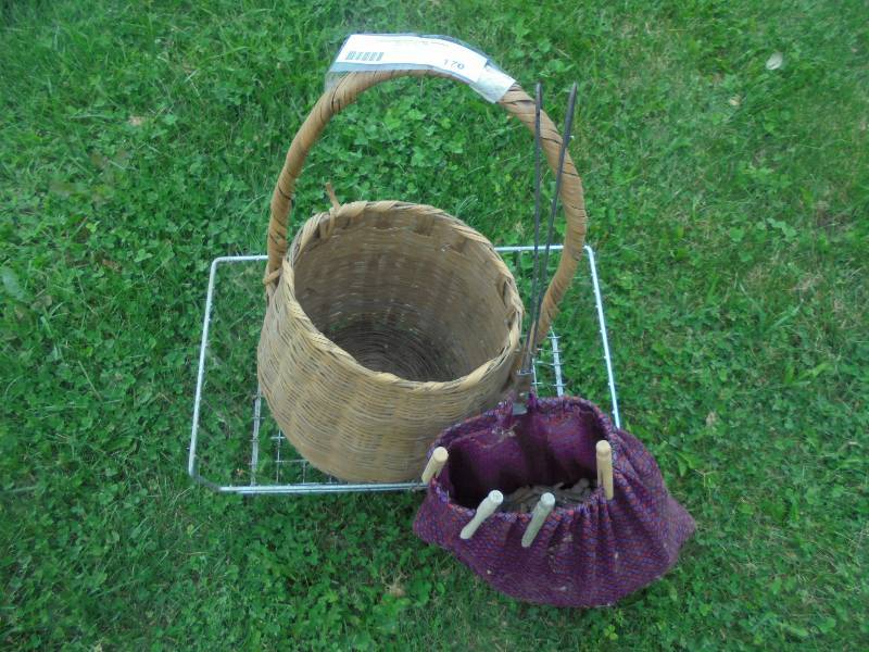 Lot - Wire Basket, Vintage Wood Clothes Pin, etc
