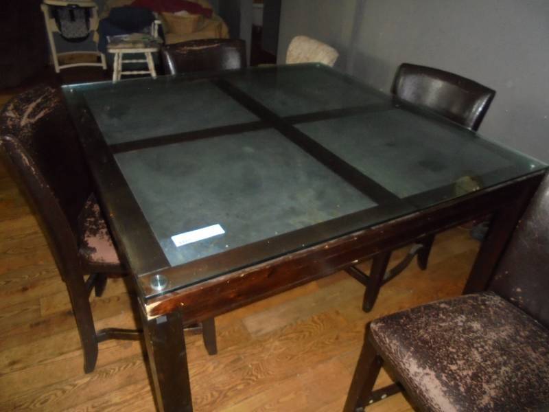 VERY Large Kitchen Table wSlate Inserts & Glass, 4 Chairs
