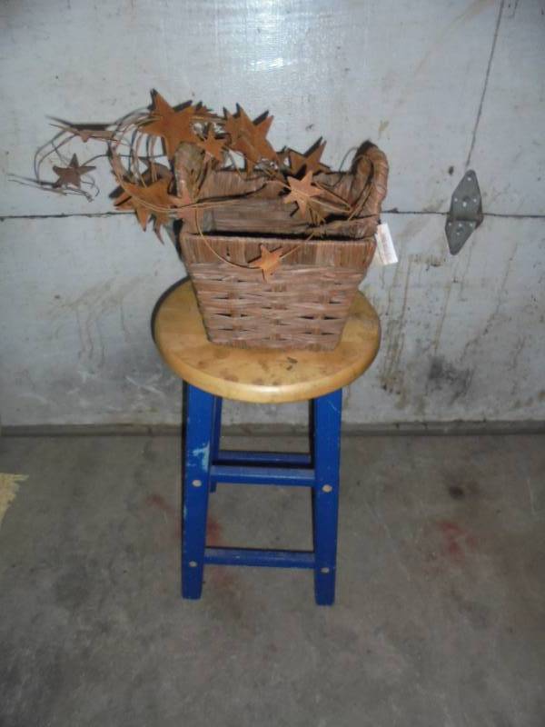 Lot - wood Stool & Basket with Metal Star Garland