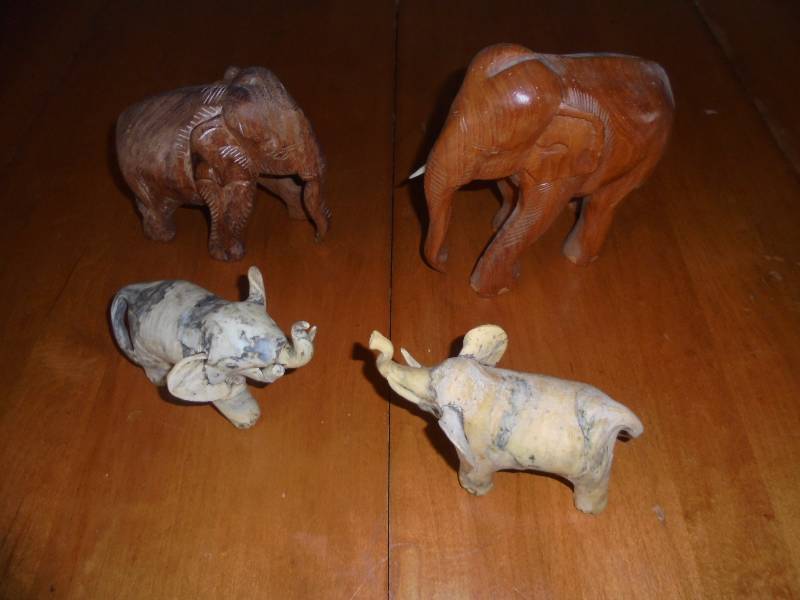 Lot - Wood Carved Elephants, Clay Elephants