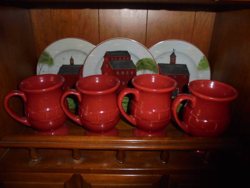 Lot - Longaberger Coffee Mugs, Schoolhouse Plates
