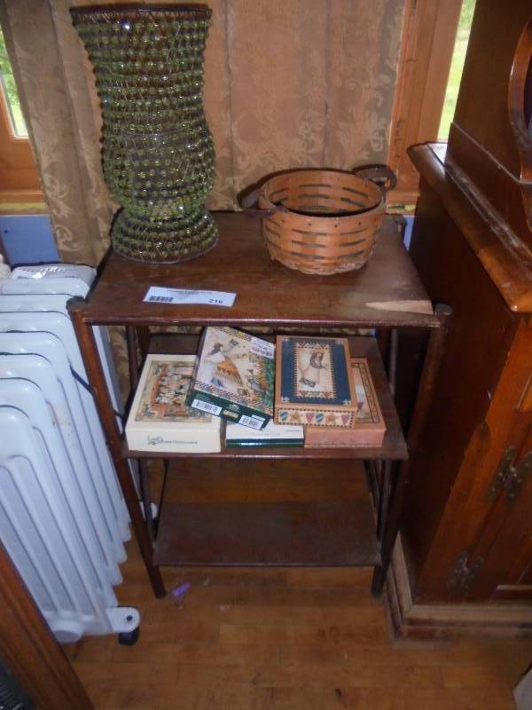 Lot - Longaberger Basket, Beaded Candle Holder, Notecards, Shelf (Damaged)