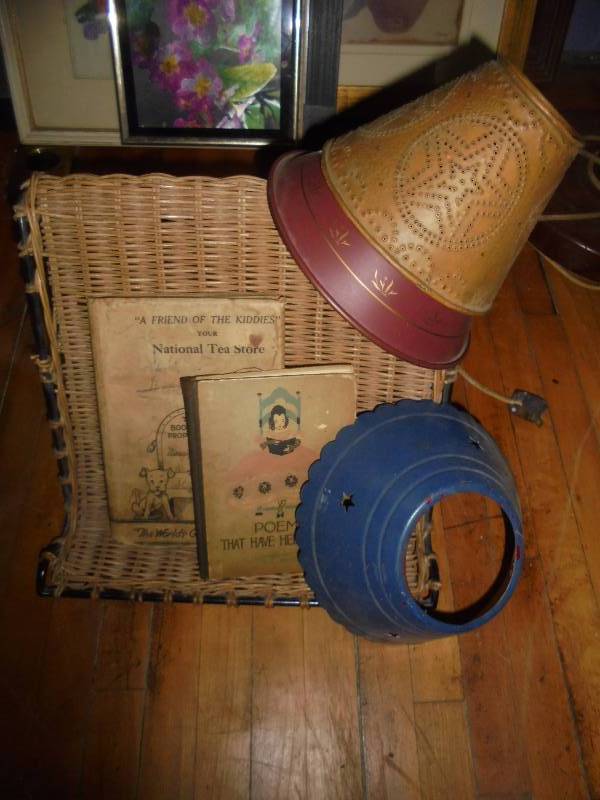 Lot - Book Rack, Tin Lamp Shades, Vintage Books, etc