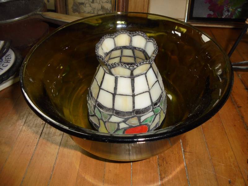 Lot - Green Glass Bowl, Small Leaded Glass Cherry Shade