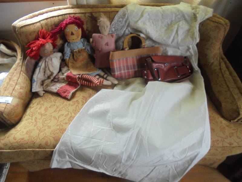 Lot - Vintage Wedding Gown, Dolls, Leather WILSON Purse, etc