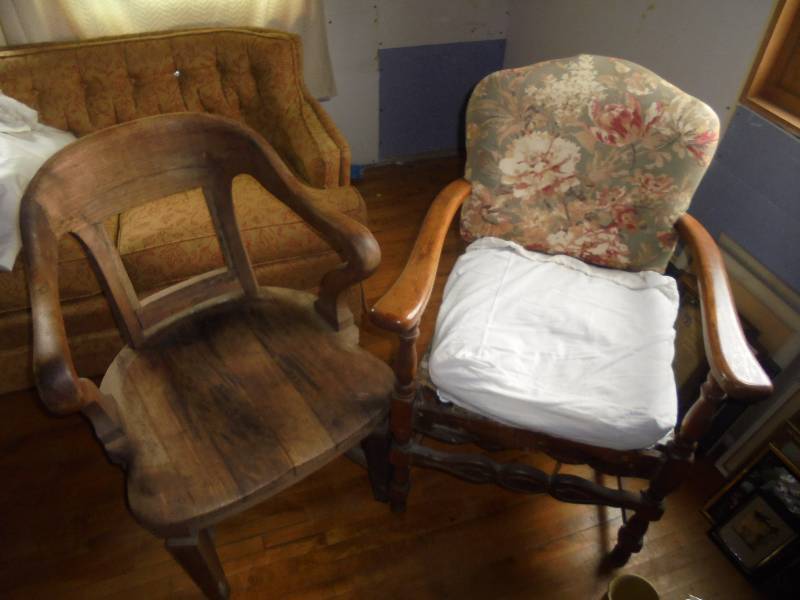 Lot - Very Solid Wood Chair & Ornate Chair (needs upholstering)