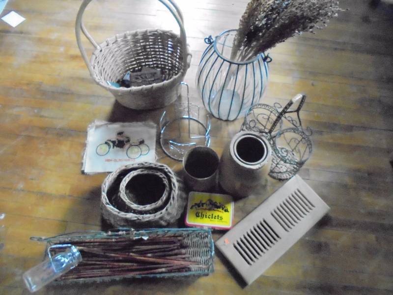 Lot - Misc, Copper wLeather Tin, Glass Candle Holder, Baskets, etc