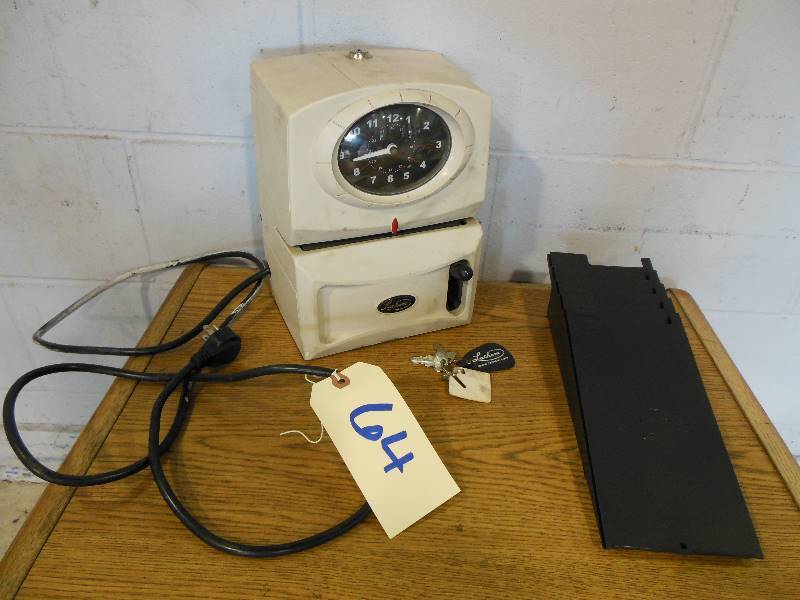 lot 64 image: Lathem Time Clock with Key and Time Card Holder