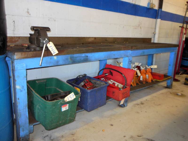 lot 144 image: 10 Ft 6 inch Long Steel and Wood Work Bench and Attached Craftsman Vice - NO CONTENTS