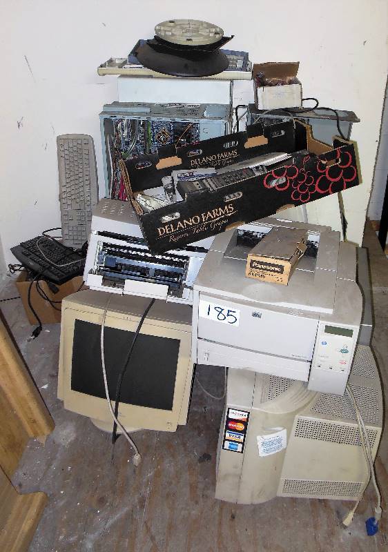 lot 185 image: Pile of old computers, monitors keyboards, and printers