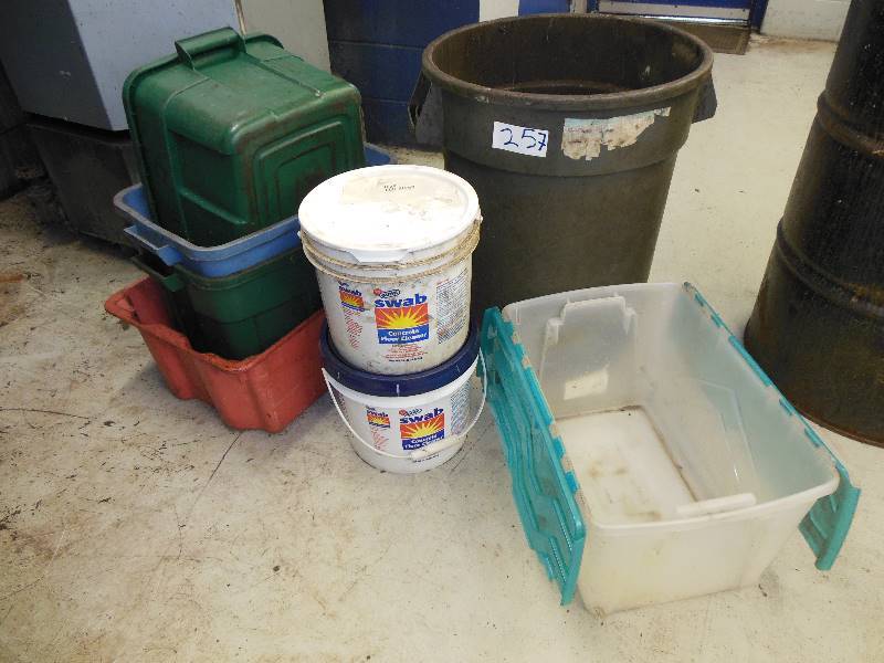 lot 257 image: Garbage Can, Totes, and Buckets (partially filled with Liquid - SEE LABEL - CAUTION)