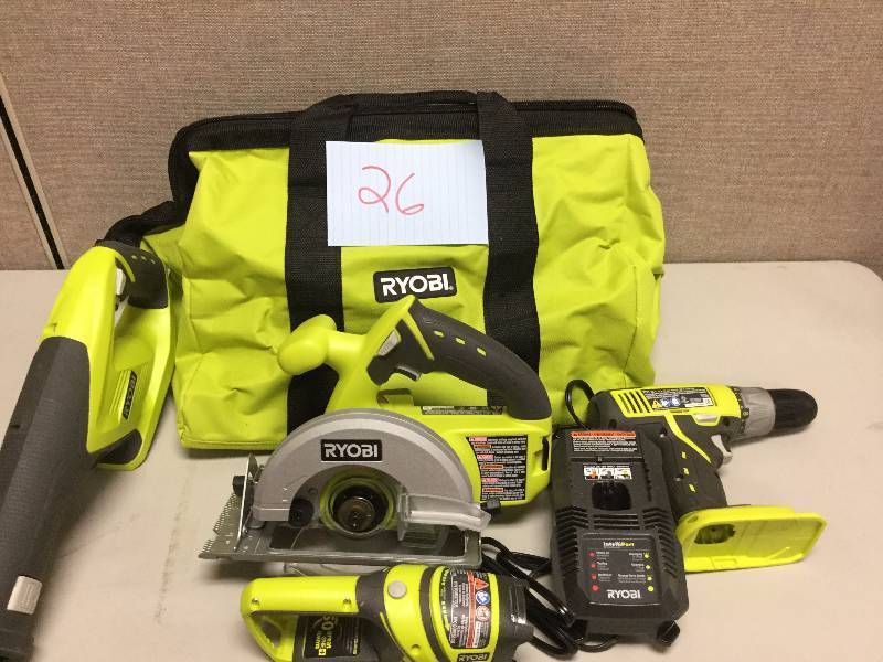 lot 26 image: Ryobi One 18-volt Lithium-ion Cordless Super Combo Kit (4-piece)- Open Box- This items were canceled before they were shipped- Customer never touched the item- Box is open