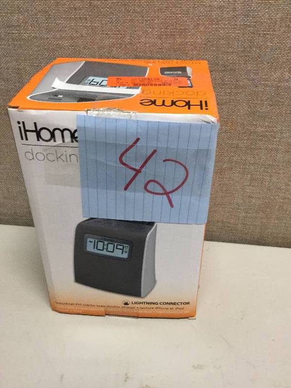 lot 42 image: iHome iPL22 Stereo FM Clock Radio with Lightning Dock ChargePlay for iPhone 5 and 6- Open box item has never been used