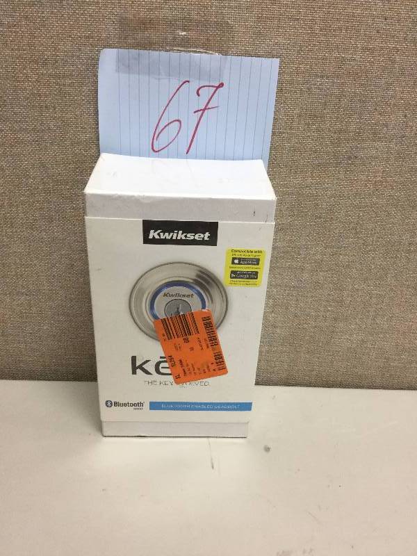 lot 67 image: Kevo Single Cylinder Satin Nickel Bluetooth Enabled Deadbolt Brand New in Sealed Package - Stock and actual photos used