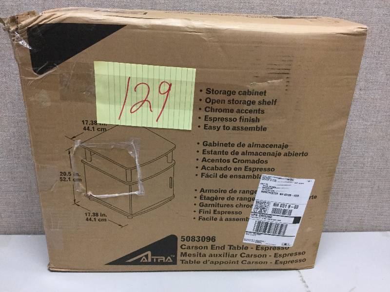 lot 129 image: Altra Furniture Carson End Table with 1-Adjustable Storage Shelf in Espresso open box not used stock and actual pictures shown