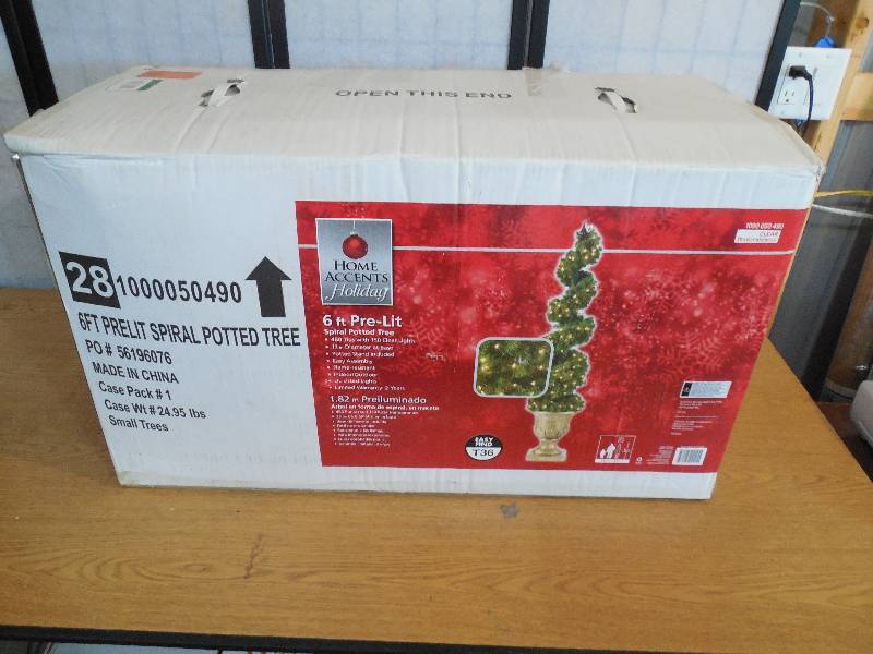 lot 27 image: 6 ft. Christmas Spiral Potted Artificial Tree with 150 Clear Lights