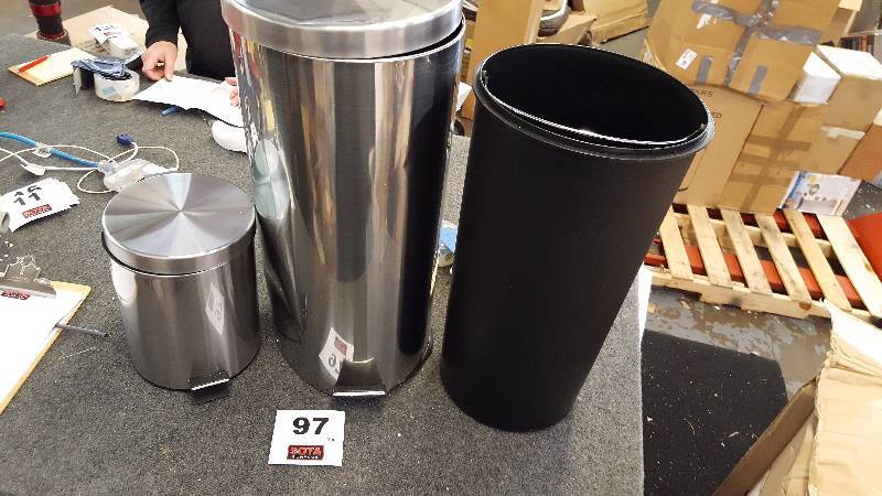 lot 97 image: alcove Brushed Stainless Steel Round Trash Cans Set of 2