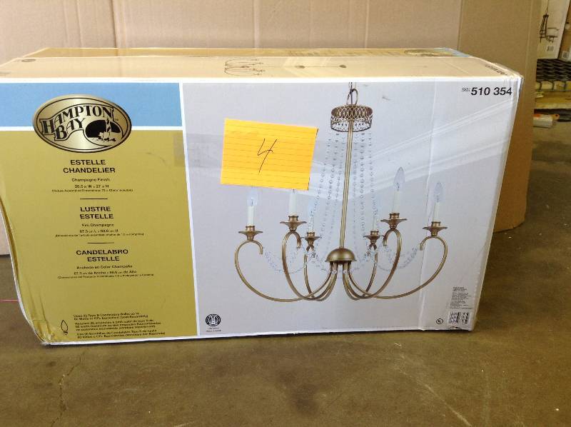 lot 4 image: Hampton Bay Estelle 6-Light Gold Hanging Chandelier HD13811L6CHPC  510534 open box never used  - stock and actual picture used