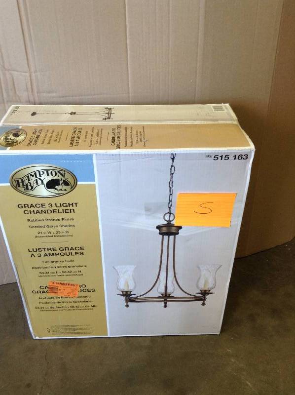 lot 5 image: Hampton Bay Grace 3-Light Rubbed Bronze Chandelier open box never used