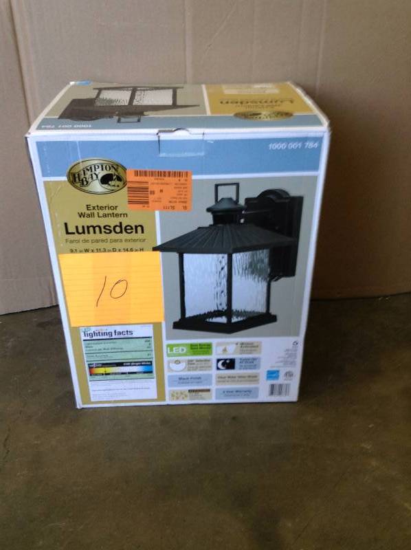 lot 10 image: Hampton Bay Lumsden 7 in. Black Outdoor Wall Lantern Open Box Never used item in its original box