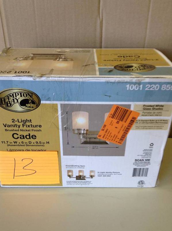 lot 13 image: Hampton Bay Transitional 2-Light Brushed Nickel Vanity Light open box never been used