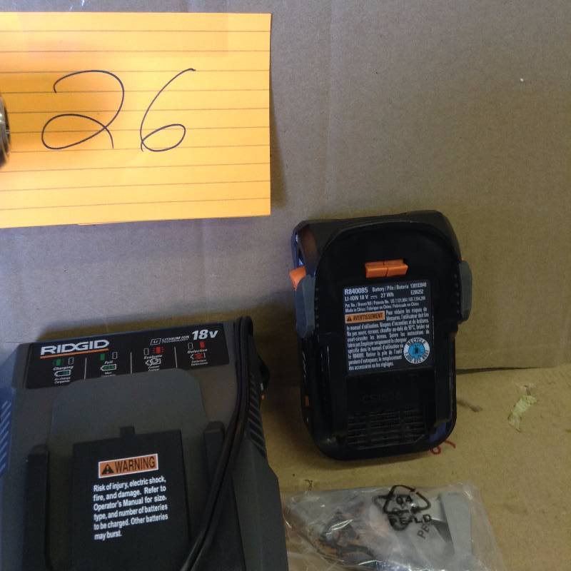 lot 26 image: Ridgid R86008 18v 12 in Drill Driver Battery and charger included, in like new condition