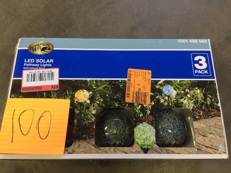 lot 100 image: Hampton Bay LED Solar Pathway Lights Multi color Glass Open box never used